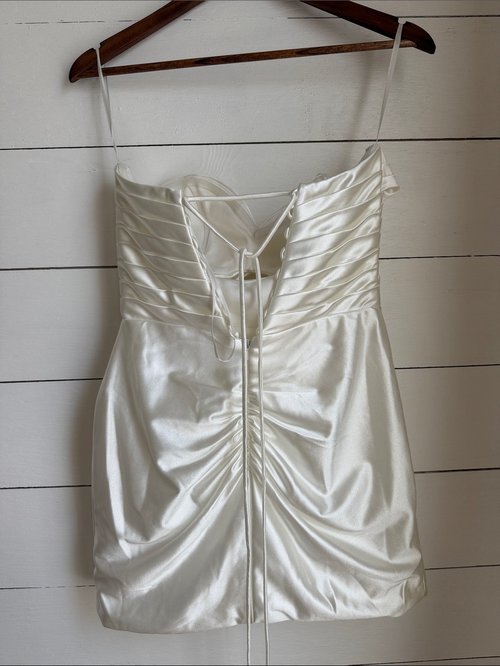 White Satin Strapless Mini Dress with Draped Bodice - Picture 4 of 7